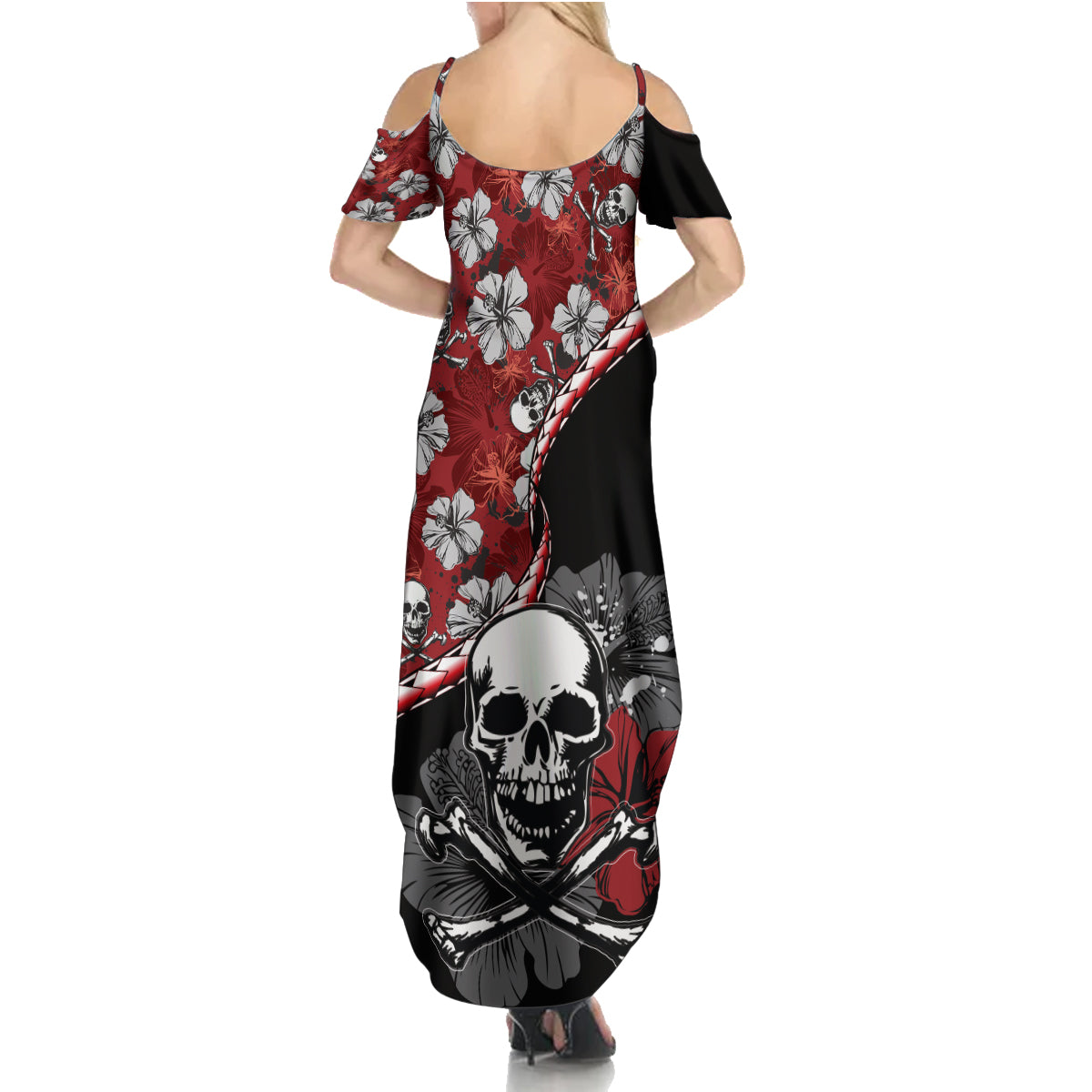 Hawaii Halloween Summer Maxi Dress Hibiscus Skull Kakau Pattern LT01 - Polynesian Pride