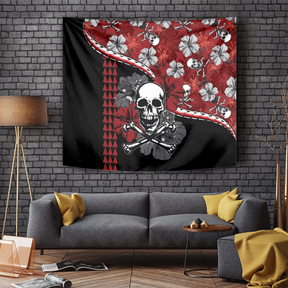 Hawaii Halloween Tapestry Hibiscus Skull Kakau Pattern LT01 Red - Polynesian Pride