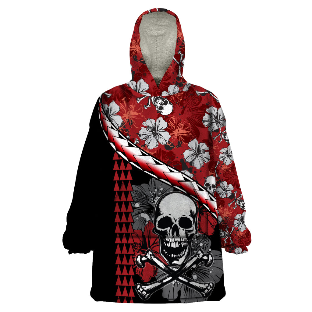 Hawaii Halloween Wearable Blanket Hoodie Hibiscus Skull Kakau Pattern LT01 One Size Red - Polynesian Pride