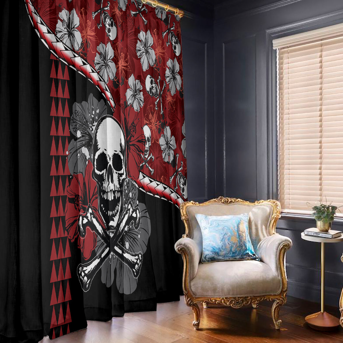 Hawaii Halloween Window Curtain Hibiscus Skull Kakau Pattern LT01 With Hooks Red - Polynesian Pride