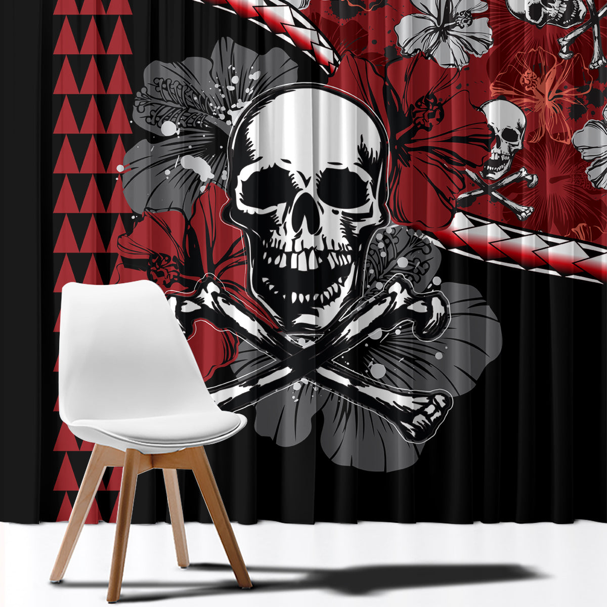 Hawaii Halloween Window Curtain Hibiscus Skull Kakau Pattern LT01 - Polynesian Pride