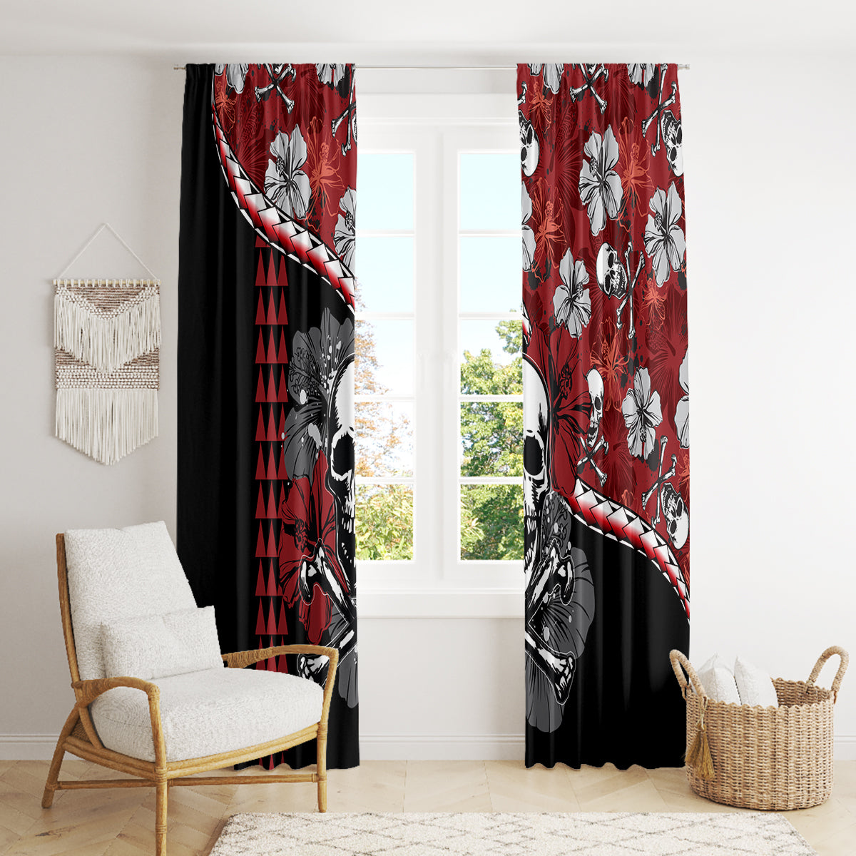 Hawaii Halloween Window Curtain Hibiscus Skull Kakau Pattern LT01 - Polynesian Pride