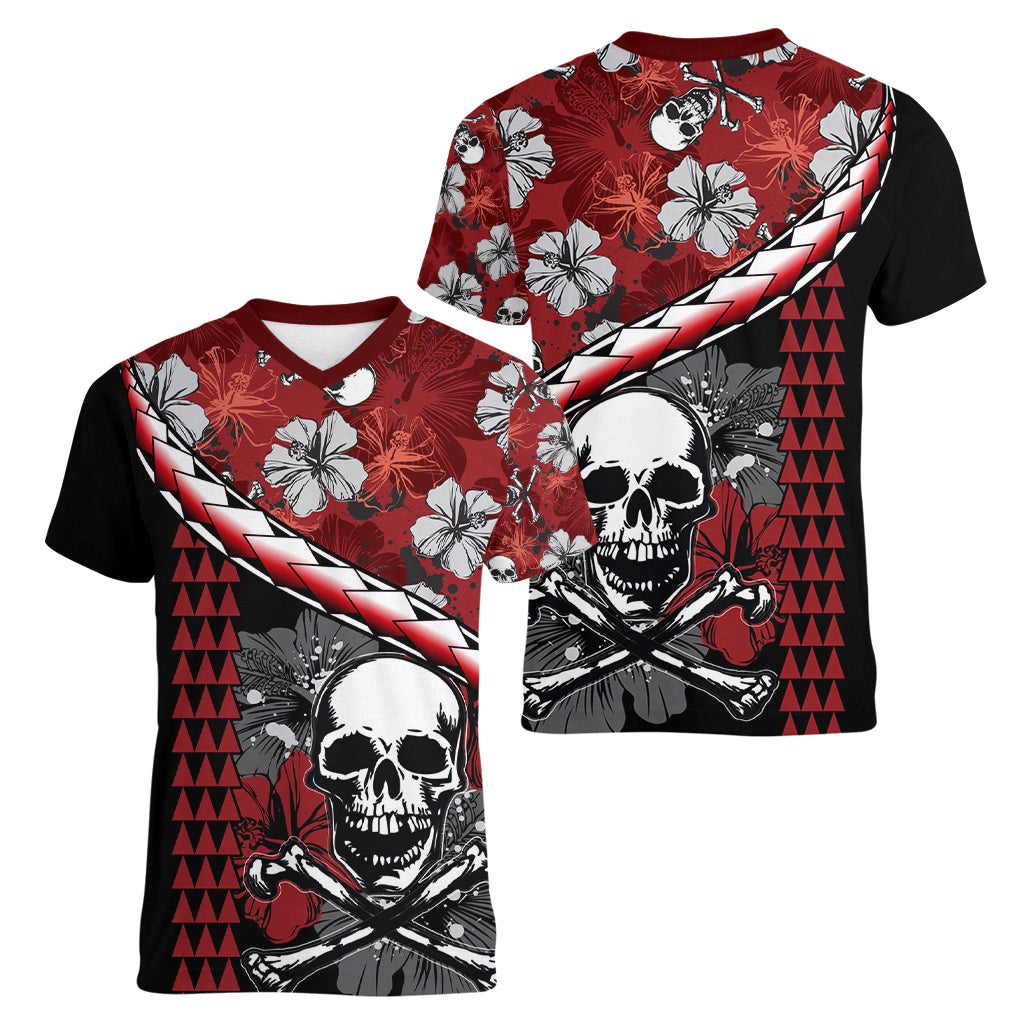 Hawaii Halloween Women V Neck T Shirt Hibiscus Skull Kakau Pattern LT01 - Polynesian Pride