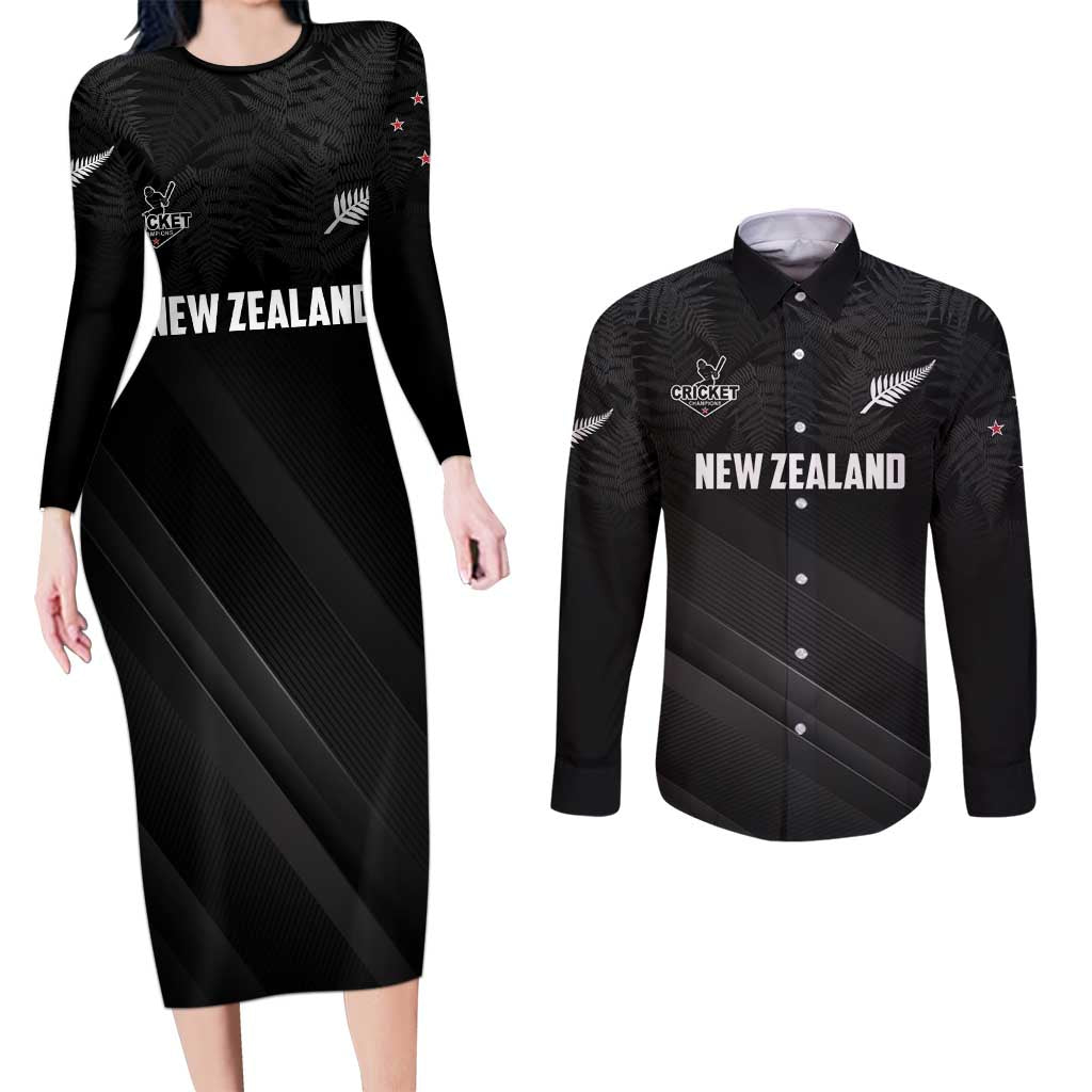 Custom New Zealand Cricket Couples Matching Long Sleeve Bodycon Dress and Long Sleeve Button Shirt Aotearoa Black Cap Come On