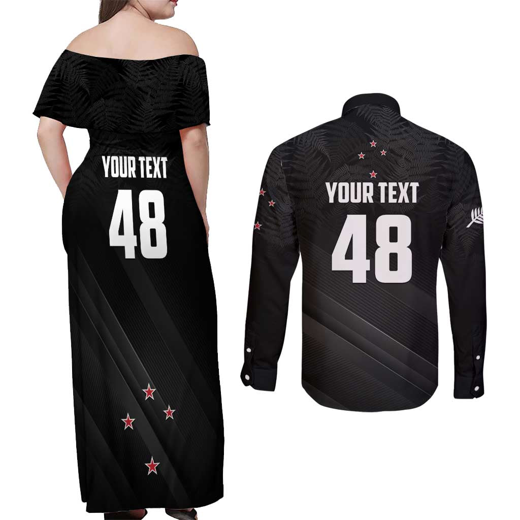 Custom New Zealand Cricket Couples Matching Off Shoulder Maxi Dress and Long Sleeve Button Shirt Aotearoa Black Cap Come On