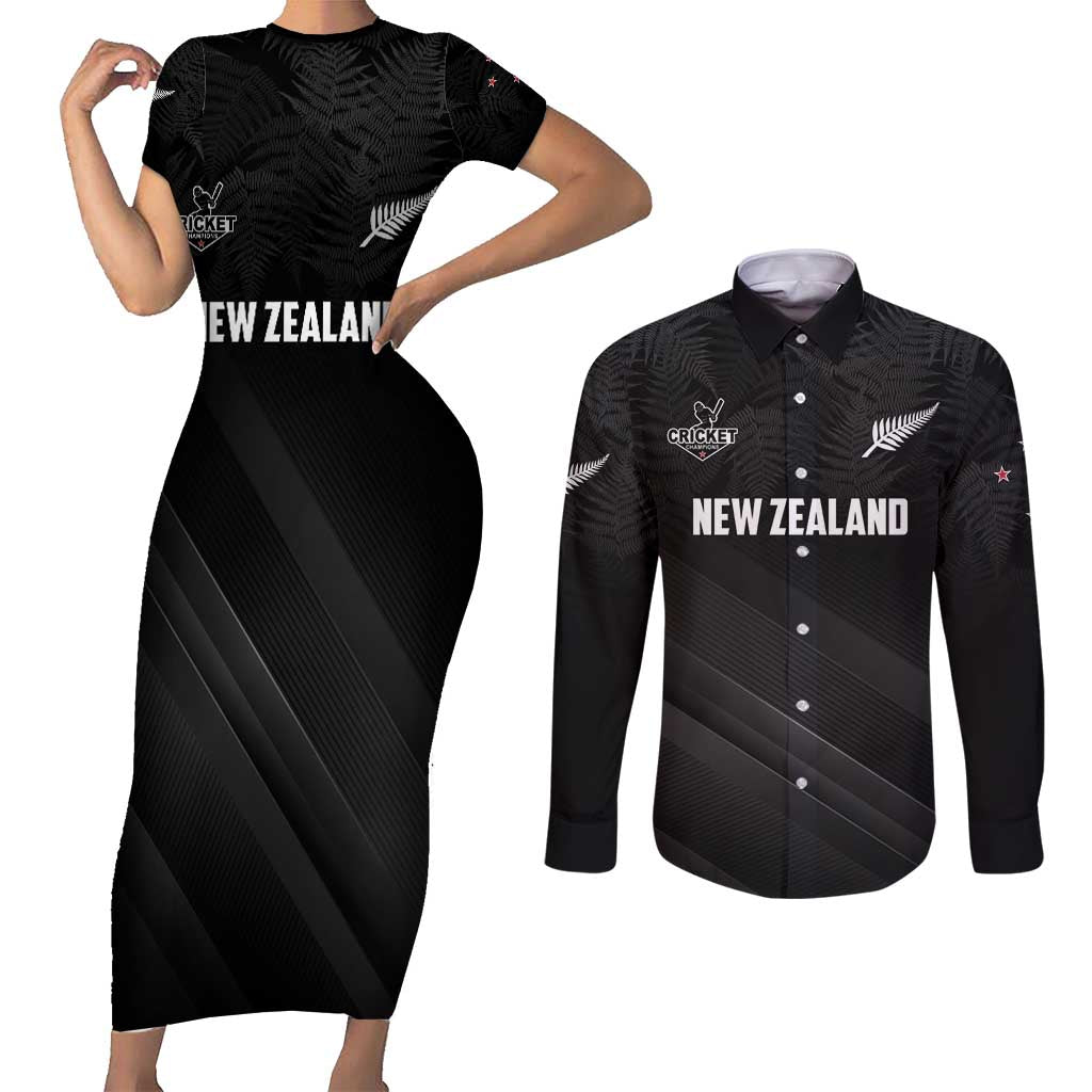 Custom New Zealand Cricket Couples Matching Short Sleeve Bodycon Dress and Long Sleeve Button Shirt Aotearoa Black Cap Come On