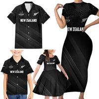 Custom New Zealand Cricket Family Matching Short Sleeve Bodycon Dress and Hawaiian Shirt Aotearoa Black Cap Come On