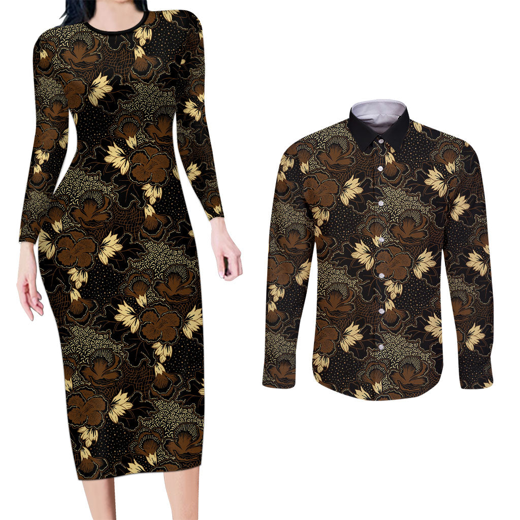 Javanese Batik Semen Couples Matching Long Sleeve Bodycon Dress and Long Sleeve Button Shirt Indonesian Traditional Pattern LT01 Black - Polynesian Pride