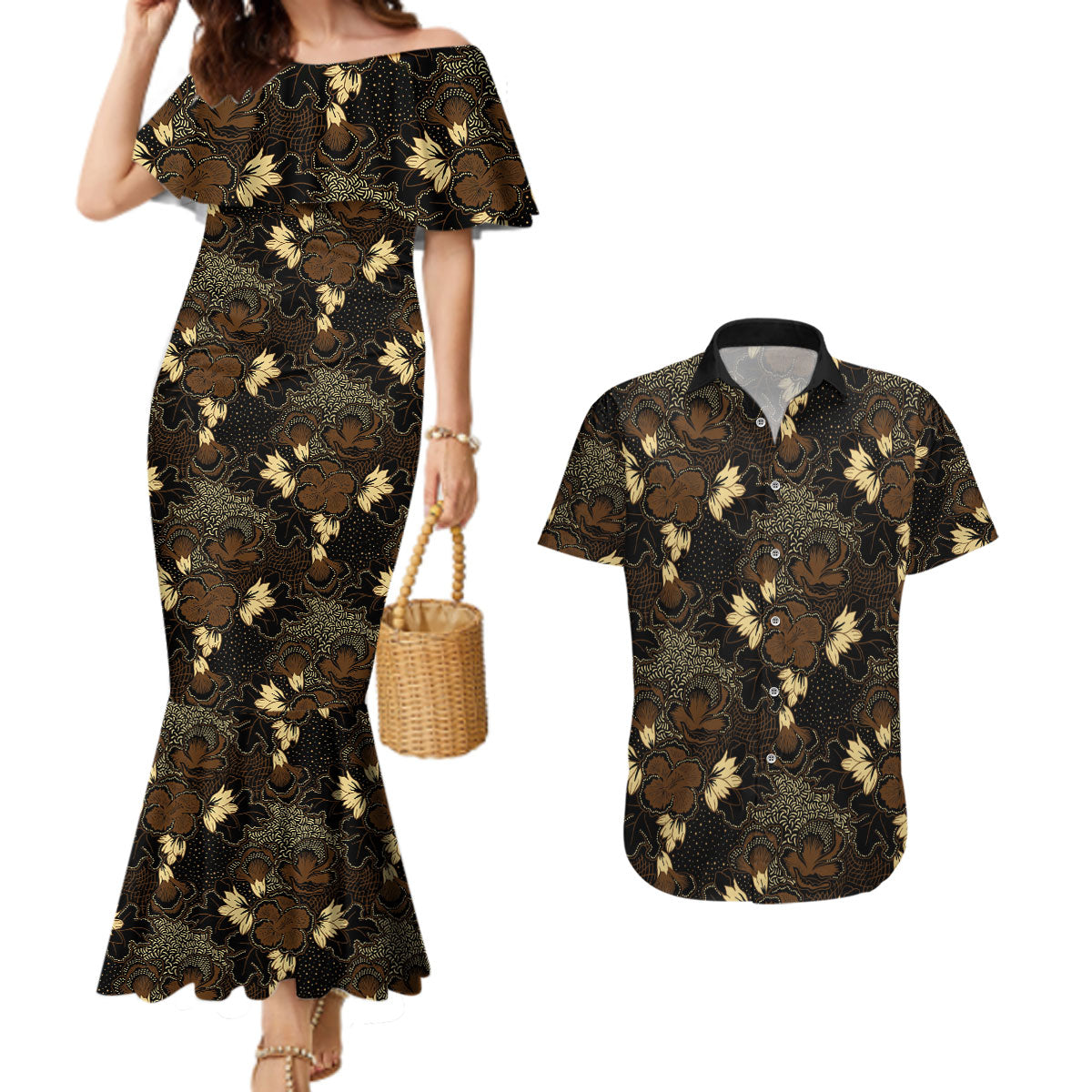 Javanese Batik Semen Couples Matching Mermaid Dress and Hawaiian Shirt Indonesian Traditional Pattern LT01 Black - Polynesian Pride