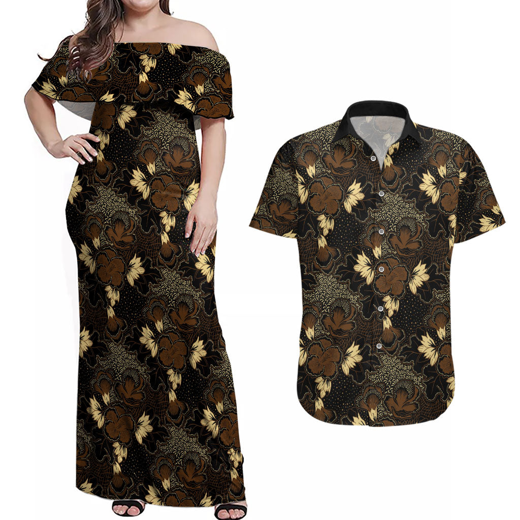 Javanese Batik Semen Couples Matching Off Shoulder Maxi Dress and Hawaiian Shirt Indonesian Traditional Pattern