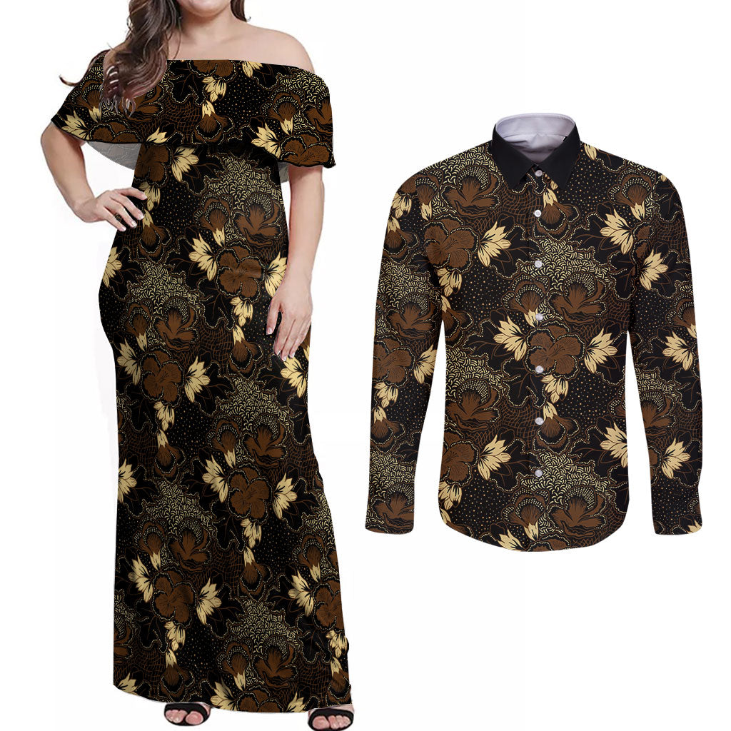 Javanese Batik Semen Couples Matching Off Shoulder Maxi Dress and Long Sleeve Button Shirt Indonesian Traditional Pattern