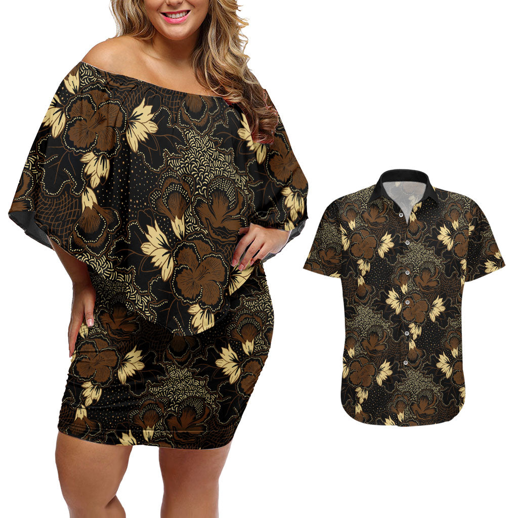 Javanese Batik Semen Couples Matching Off Shoulder Short Dress and Hawaiian Shirt Indonesian Traditional Pattern LT01 Black - Polynesian Pride