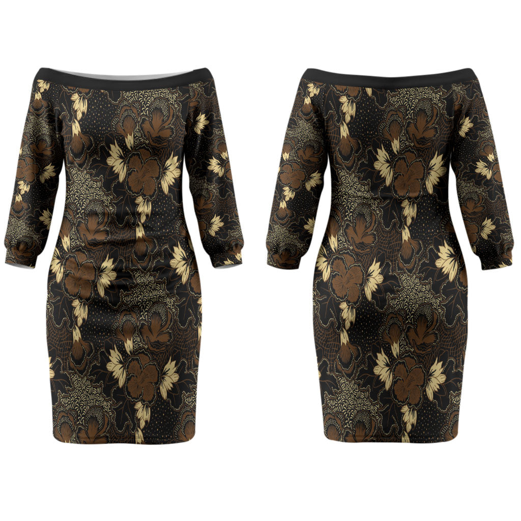 Javanese Batik Semen Couples Matching Off The Shoulder Long Sleeve Dress and Long Sleeve Button Shirt Indonesian Traditional Pattern LT01 - Polynesian Pride