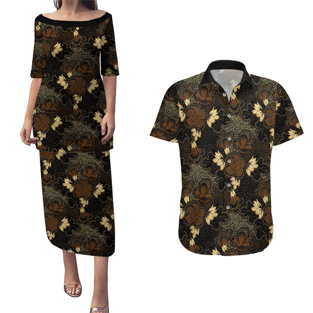 Javanese Batik Semen Couples Matching Puletasi and Hawaiian Shirt Indonesian Traditional Pattern LT01 Black - Polynesian Pride