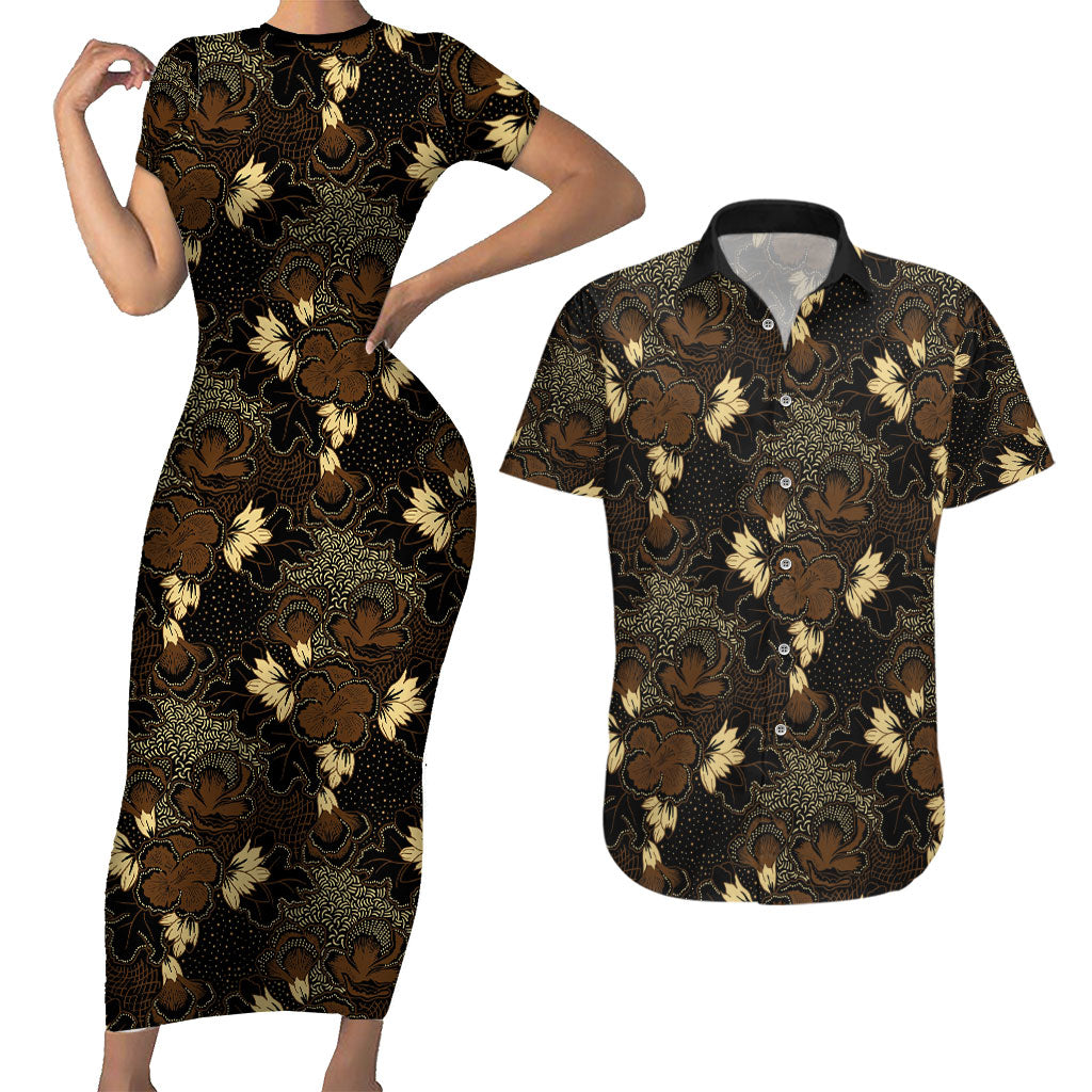 Javanese Batik Semen Couples Matching Short Sleeve Bodycon Dress and Hawaiian Shirt Indonesian Traditional Pattern LT01 Black - Polynesian Pride