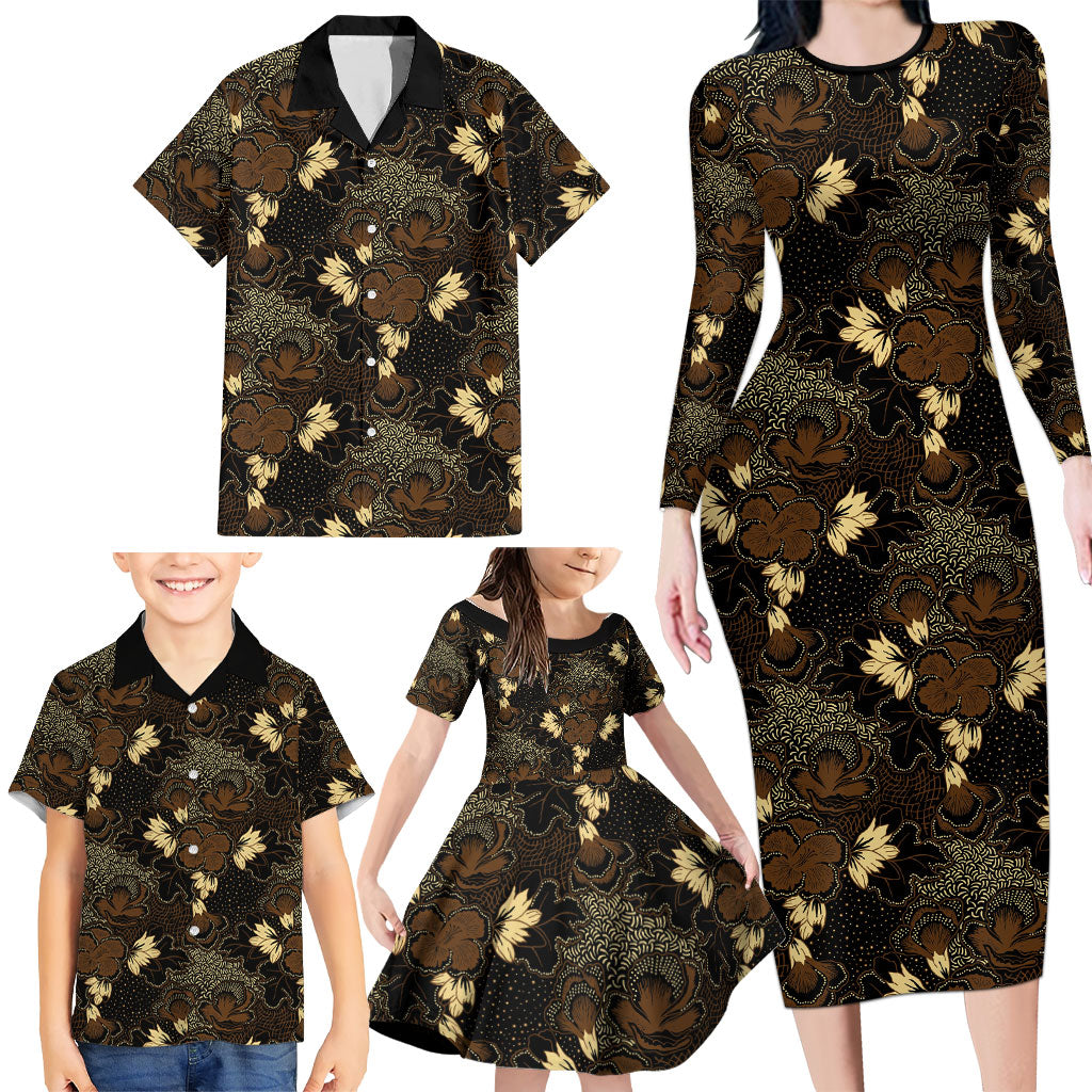Javanese Batik Semen Family Matching Long Sleeve Bodycon Dress and Hawaiian Shirt Indonesian Traditional Pattern