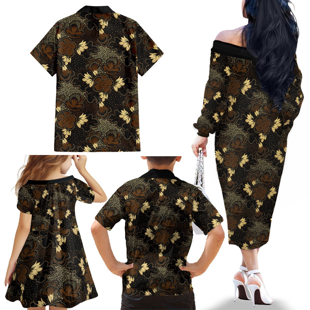 Javanese Batik Semen Family Matching Off The Shoulder Long Sleeve Dress and Hawaiian Shirt Indonesian Traditional Pattern
