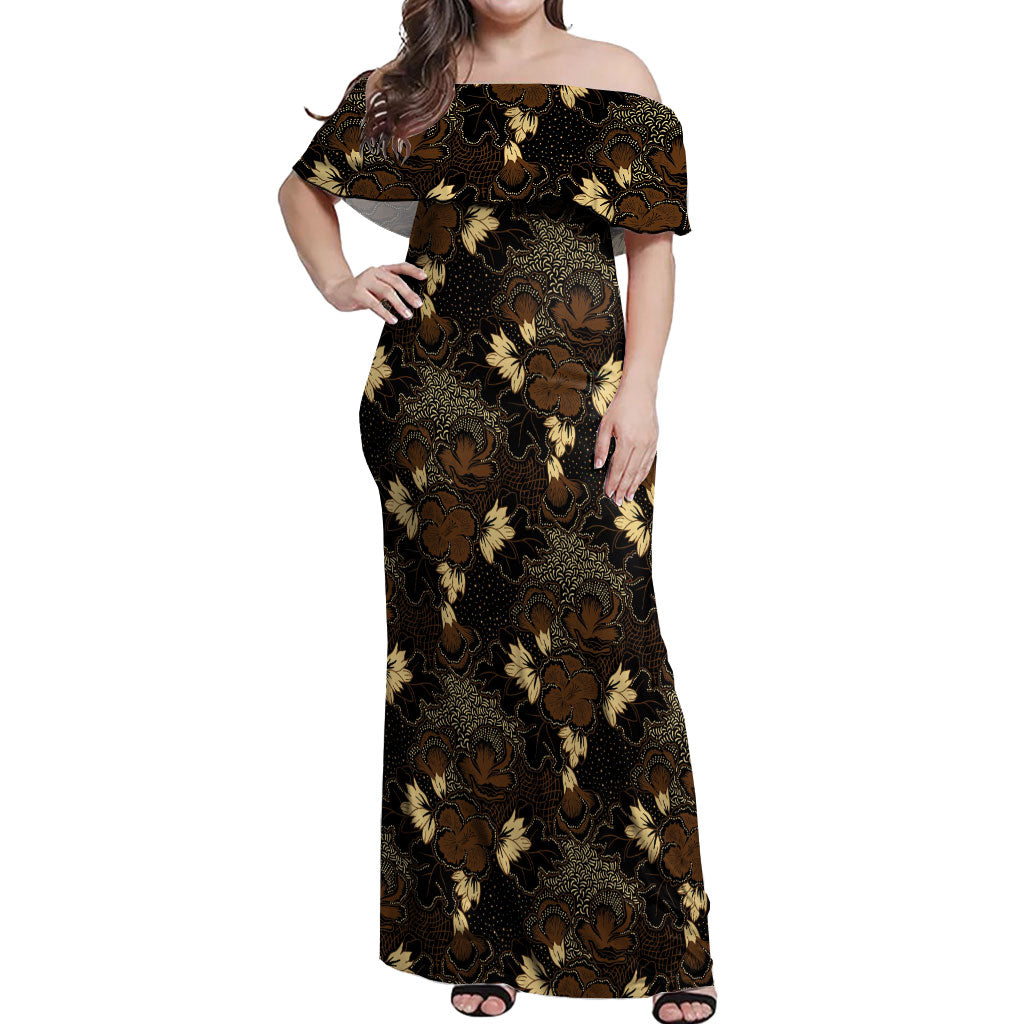 Javanese Batik Semen Off Shoulder Maxi Dress Indonesian Traditional Pattern LT01 Women Black - Polynesian Pride