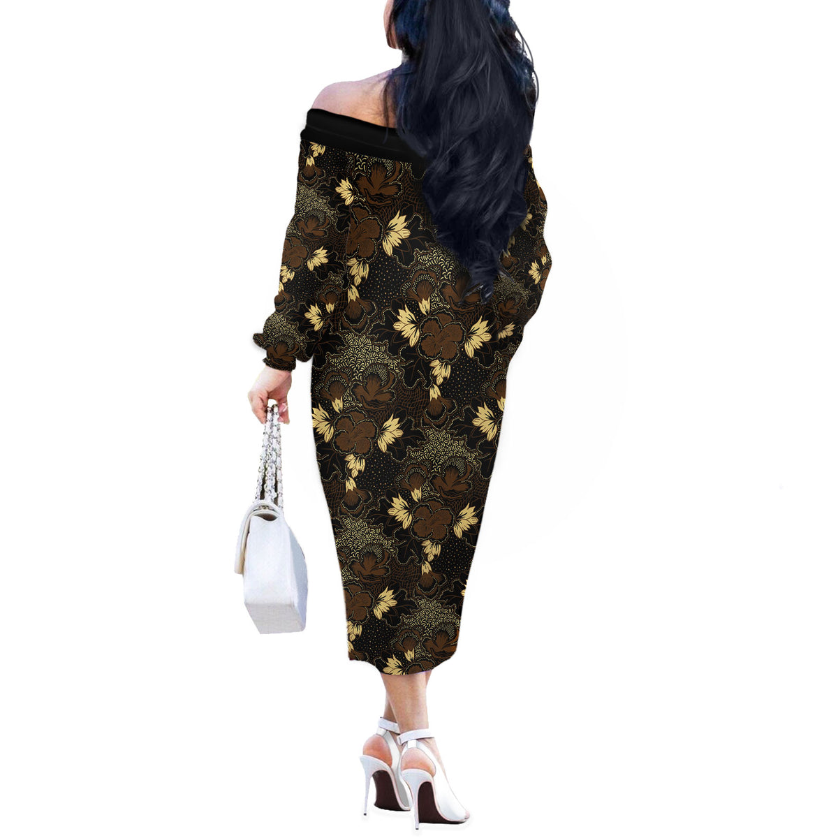 Javanese Batik Semen Off The Shoulder Long Sleeve Dress Indonesian Traditional Pattern