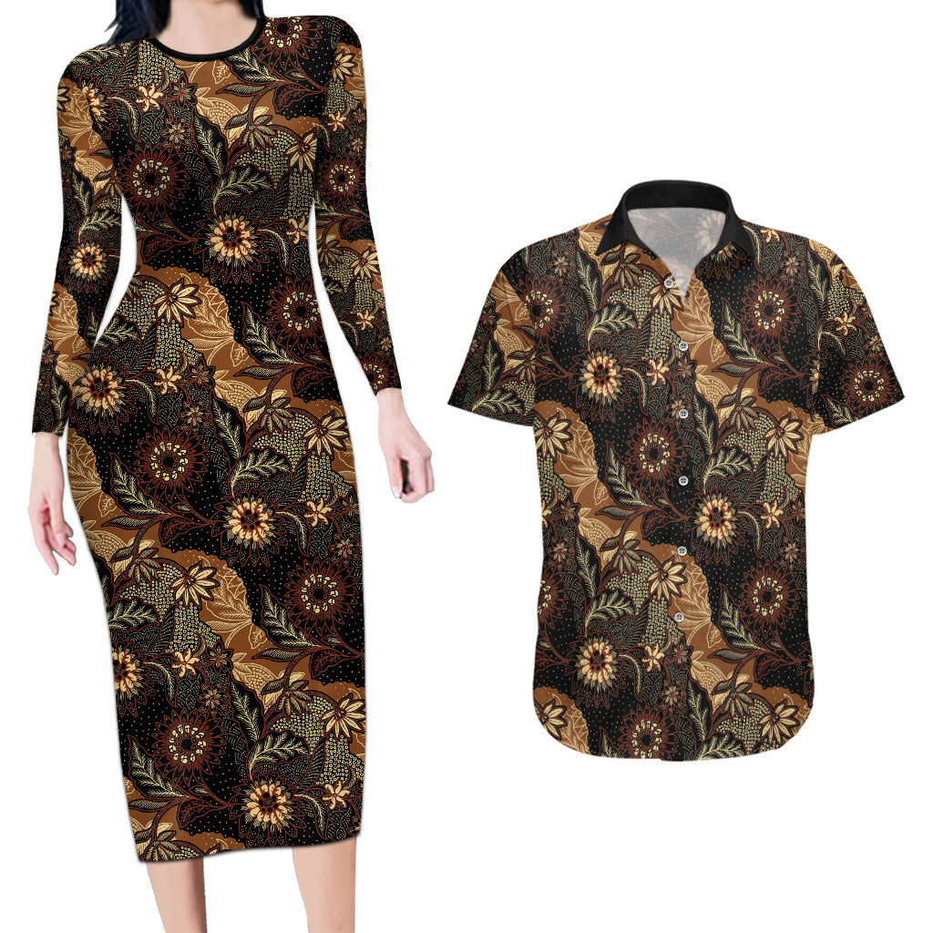 Batik Pedalaman Semen Lereng Style Couples Matching Long Sleeve Bodycon Dress and Hawaiian Shirt Indonesian Traditional Pattern LT01 Black - Polynesian Pride