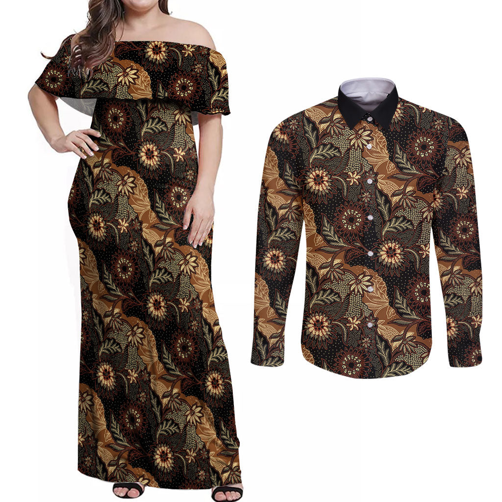 Batik Pedalaman Semen Lereng Style Couples Matching Off Shoulder Maxi Dress and Long Sleeve Button Shirt Indonesian Traditional Pattern LT01 Black - Polynesian Pride