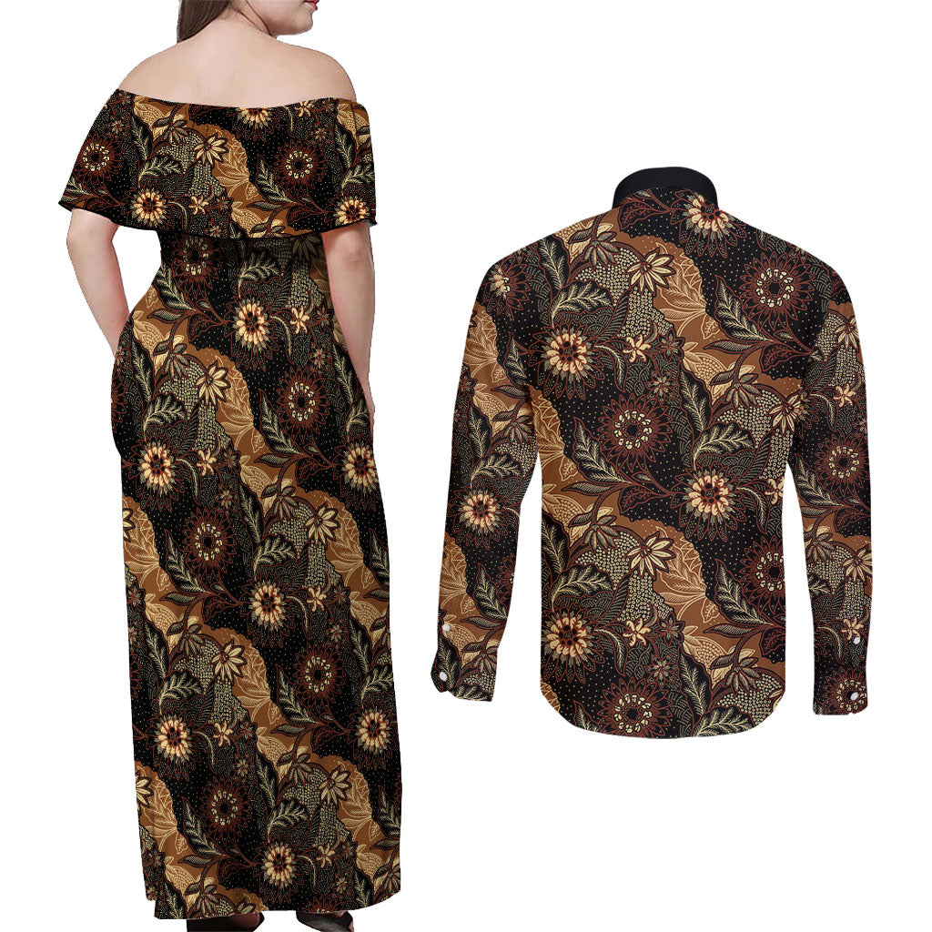 Batik Pedalaman Semen Lereng Style Couples Matching Off Shoulder Maxi Dress and Long Sleeve Button Shirt Indonesian Traditional Pattern