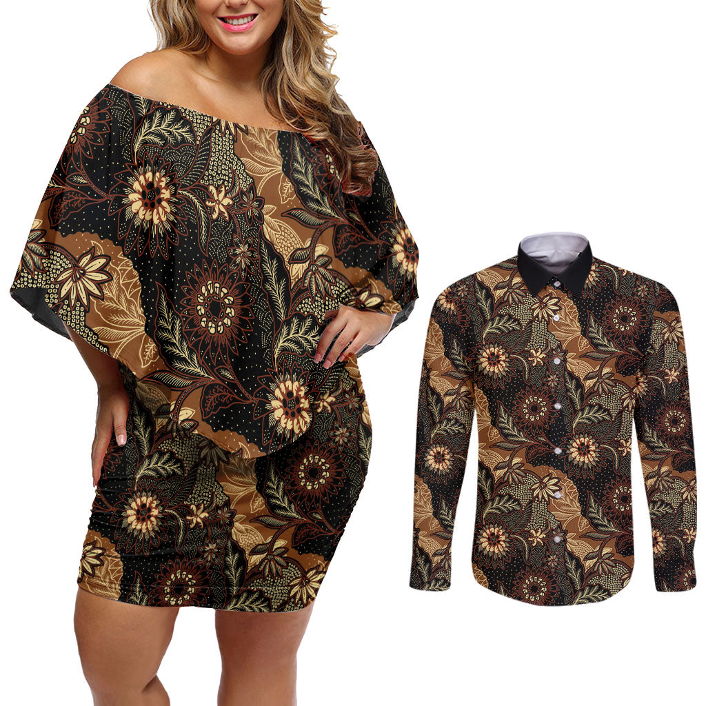 Batik Pedalaman Semen Lereng Style Couples Matching Off Shoulder Short Dress and Long Sleeve Button Shirt Indonesian Traditional Pattern