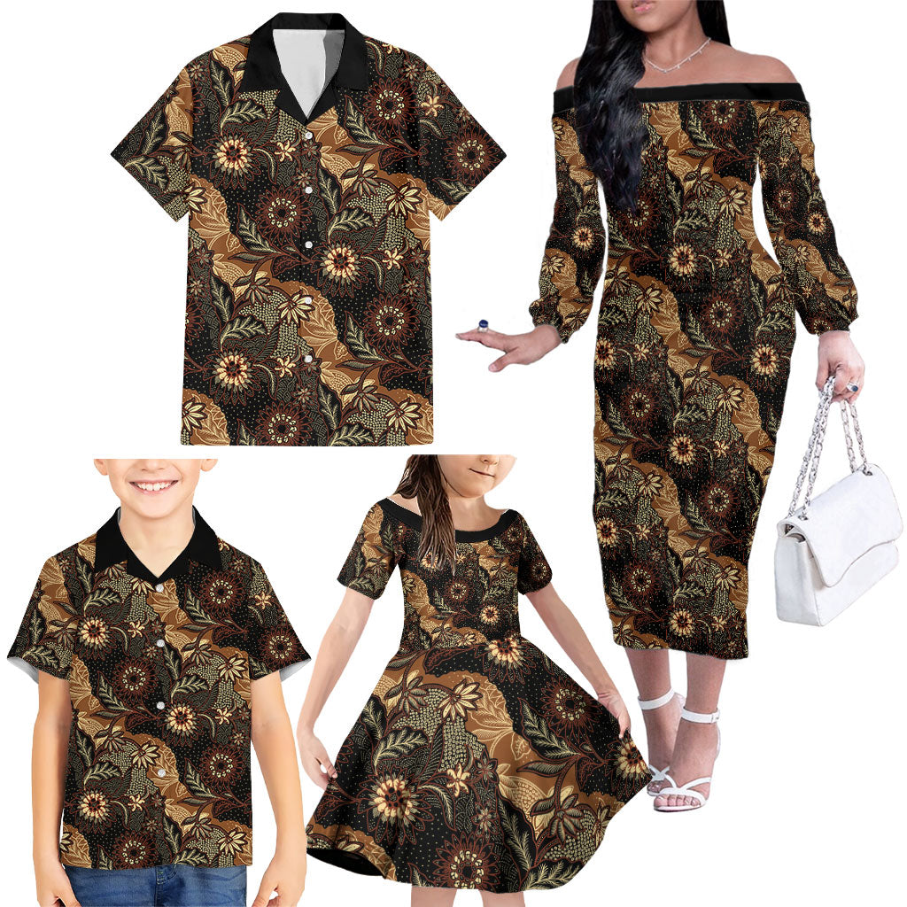Batik Pedalaman Semen Lereng Style Family Matching Off The Shoulder Long Sleeve Dress and Hawaiian Shirt Indonesian Traditional Pattern LT01 - Polynesian Pride
