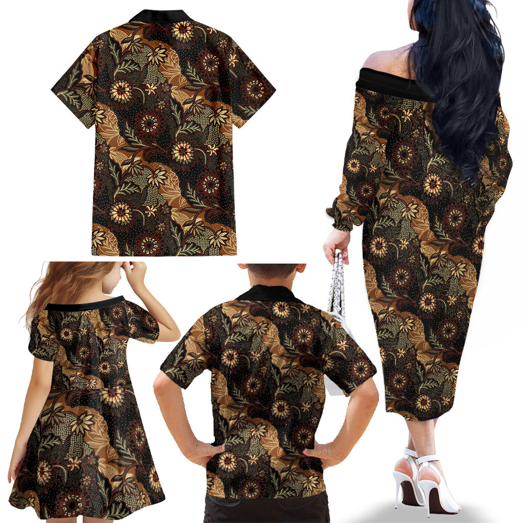 Batik Pedalaman Semen Lereng Style Family Matching Off The Shoulder Long Sleeve Dress and Hawaiian Shirt Indonesian Traditional Pattern