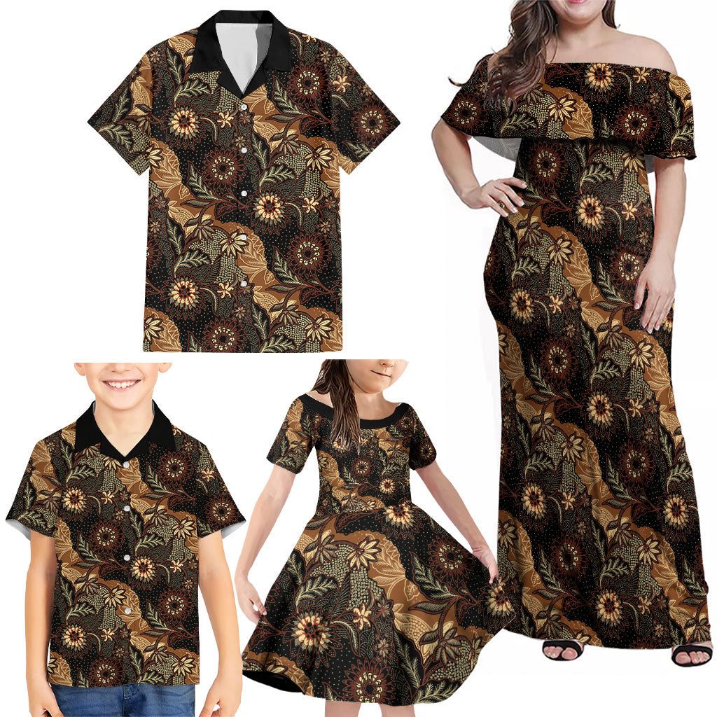 Batik Pedalaman Semen Lereng Style Family Matching Off Shoulder Maxi Dress and Hawaiian Shirt Indonesian Traditional Pattern LT01 - Polynesian Pride