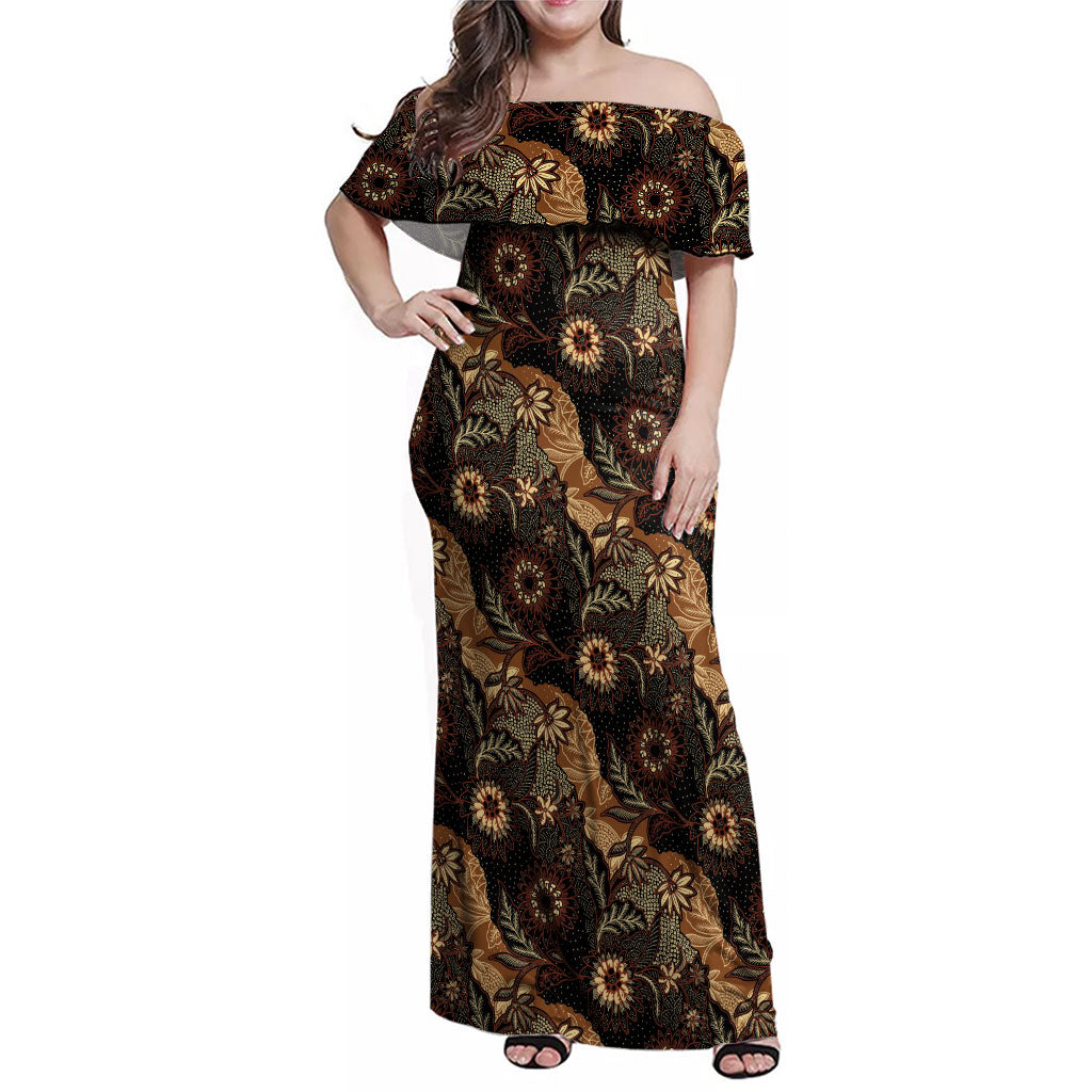 Batik Pedalaman Semen Lereng Style Family Matching Off Shoulder Maxi Dress and Hawaiian Shirt Indonesian Traditional Pattern