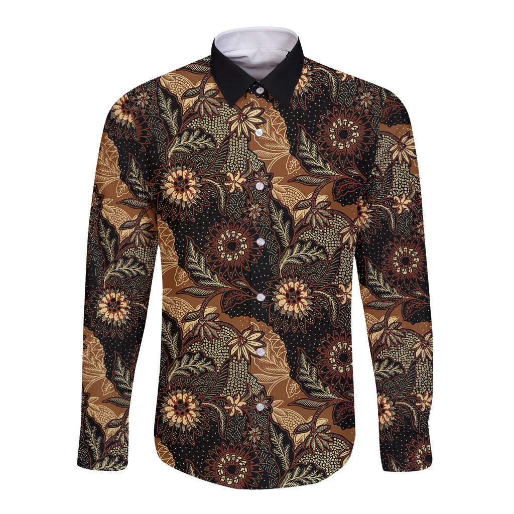 Batik Pedalaman Semen Lereng Style Long Sleeve Button Shirt Indonesian Traditional Pattern LT01 Unisex Black - Polynesian Pride
