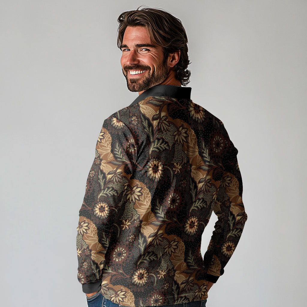 Batik Pedalaman Semen Lereng Style Long Sleeve Polo Shirt Indonesian Traditional Pattern