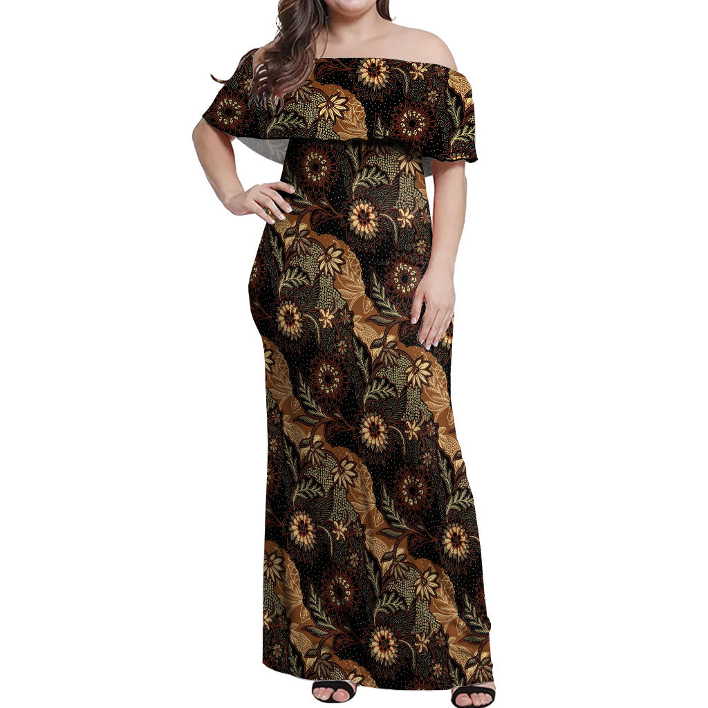 Batik Pedalaman Semen Lereng Style Off Shoulder Maxi Dress Indonesian Traditional Pattern LT01 Women Black - Polynesian Pride