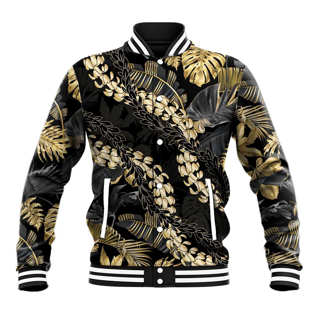 Gold Tropical Leaves Hawaii Mikioi Lei Baseball Jacket Luxury Stylized LT01 Unisex Gold - Polynesian Pride