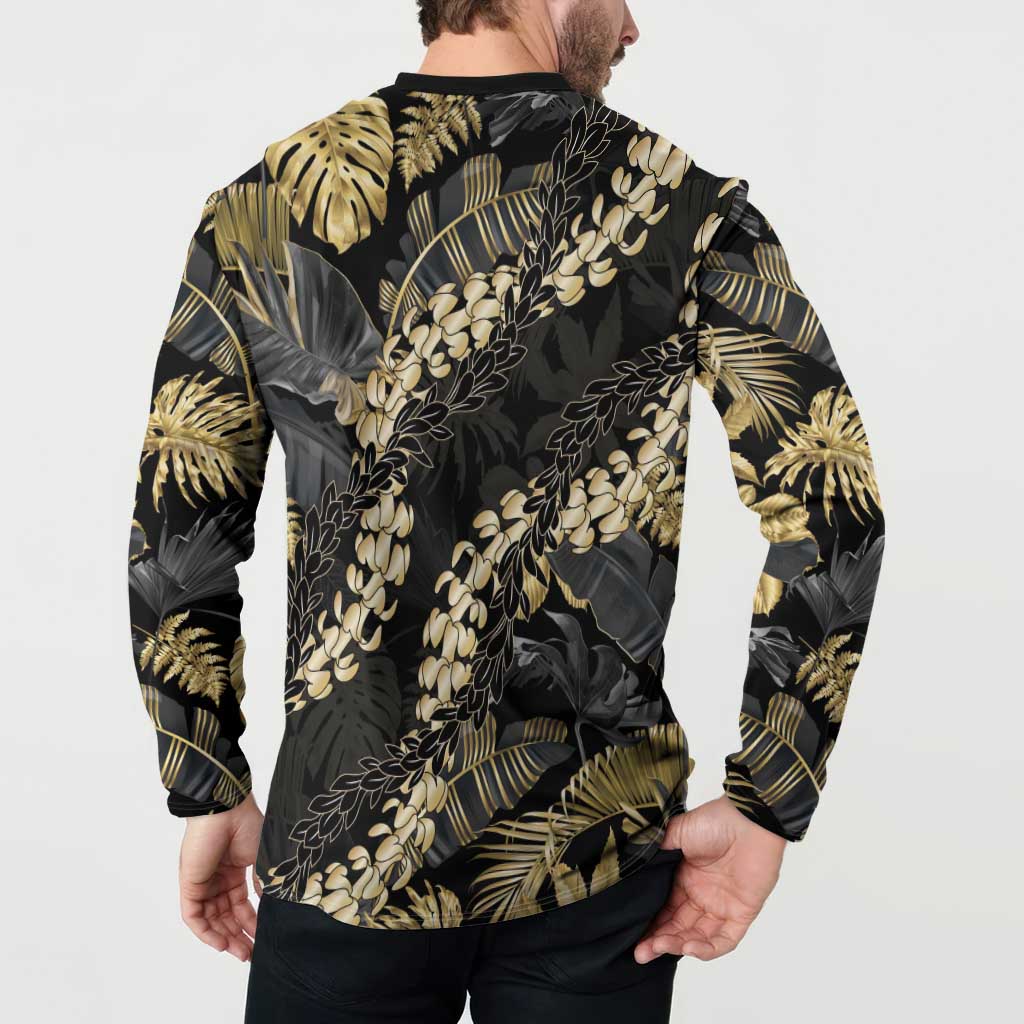 Gold Tropical Leaves Hawaii Mikioi Lei Button Sweatshirt Luxury Stylized LT01 - Polynesian Pride