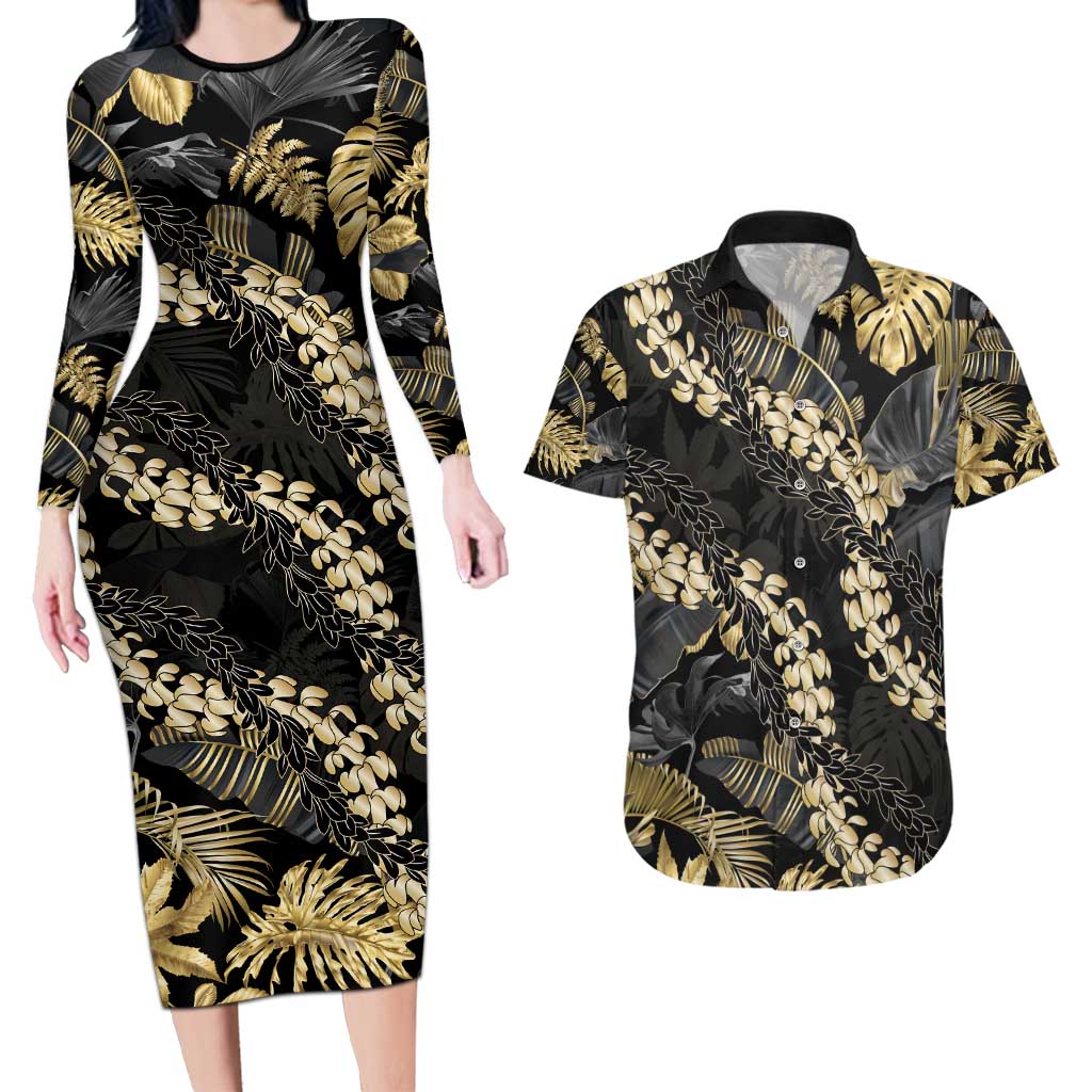 Gold Tropical Leaves Hawaii Mikioi Lei Couples Matching Long Sleeve Bodycon Dress and Hawaiian Shirt Luxury Stylized LT01 Gold - Polynesian Pride