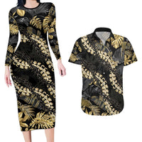 Gold Tropical Leaves Hawaii Mikioi Lei Couples Matching Long Sleeve Bodycon Dress and Hawaiian Shirt Luxury Stylized LT01 Gold - Polynesian Pride