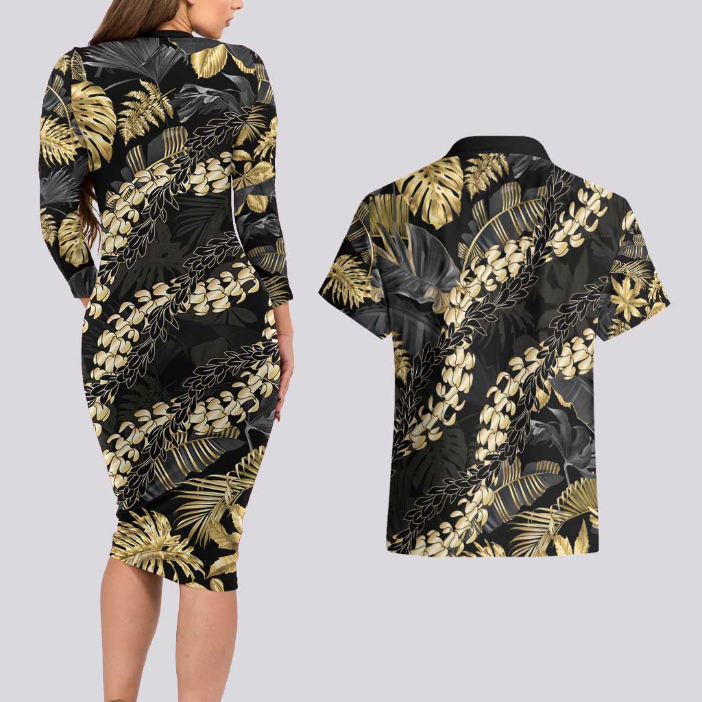 Gold Tropical Leaves Hawaii Mikioi Lei Couples Matching Long Sleeve Bodycon Dress and Hawaiian Shirt Luxury Stylized LT01 - Polynesian Pride