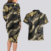 Gold Tropical Leaves Hawaii Mikioi Lei Couples Matching Long Sleeve Bodycon Dress and Hawaiian Shirt Luxury Stylized LT01 - Polynesian Pride