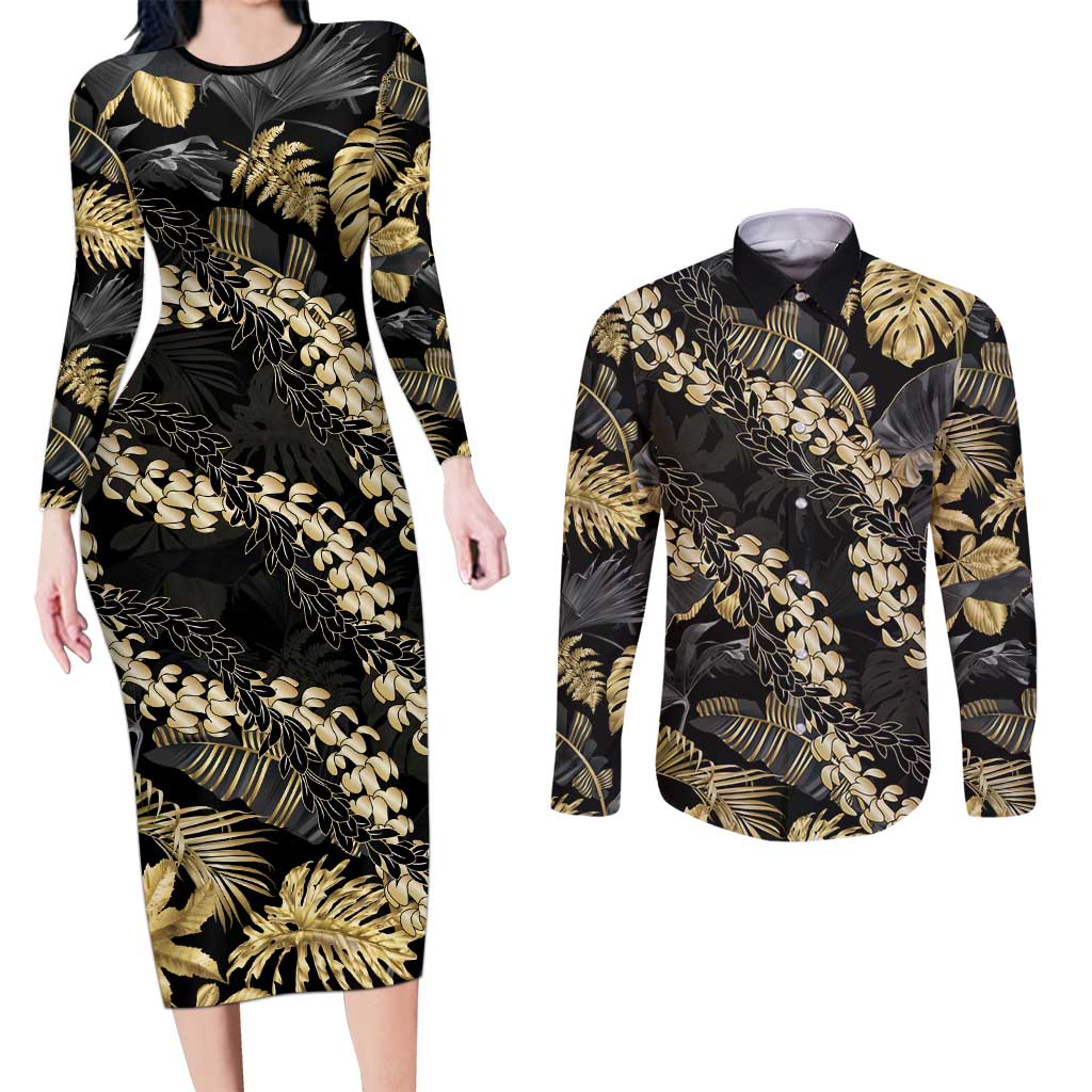 Gold Tropical Leaves Hawaii Mikioi Lei Couples Matching Long Sleeve Bodycon Dress and Long Sleeve Button Shirt Luxury Stylized LT01 Gold - Polynesian Pride
