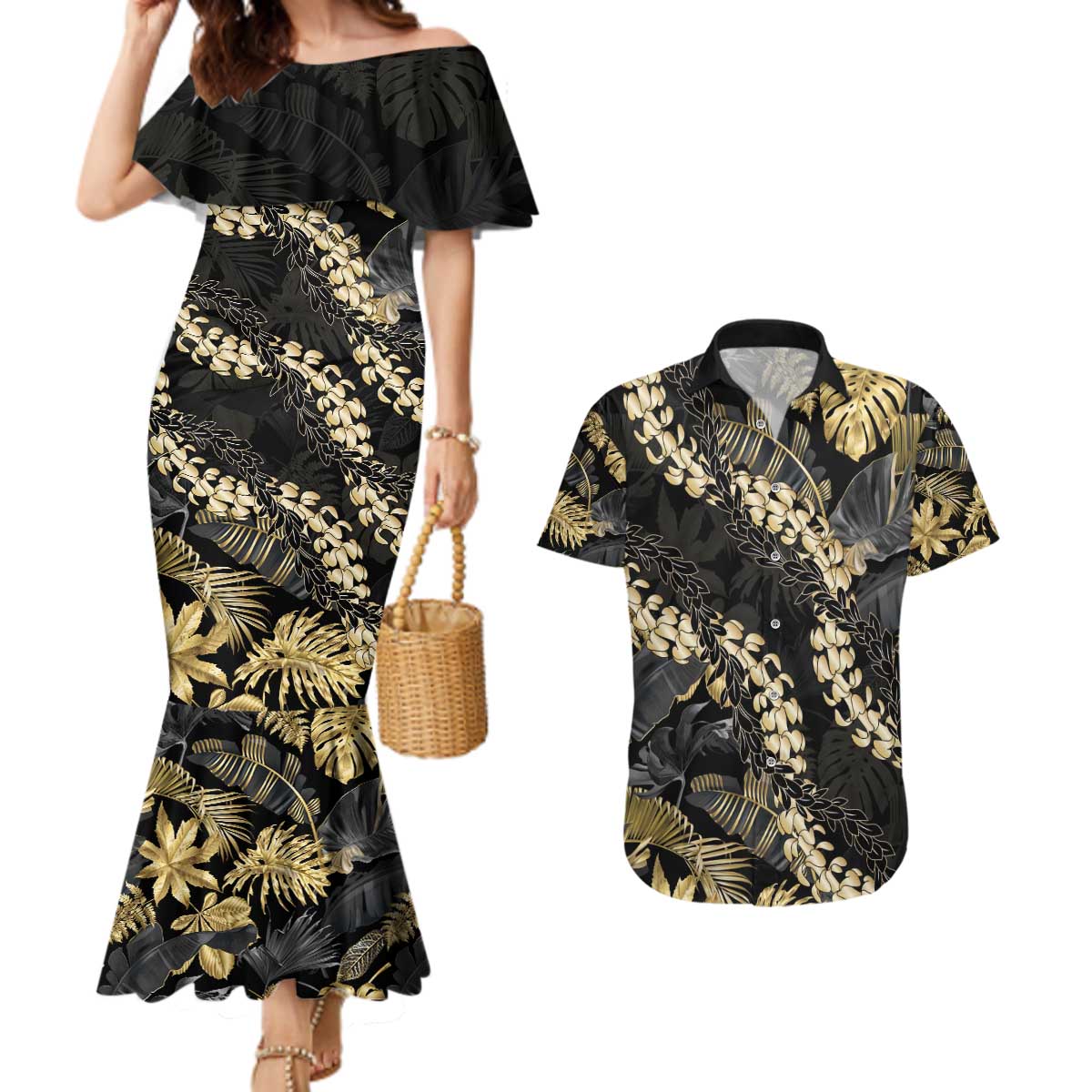 Gold Tropical Leaves Hawaii Mikioi Lei Couples Matching Mermaid Dress and Hawaiian Shirt Luxury Stylized LT01 Gold - Polynesian Pride