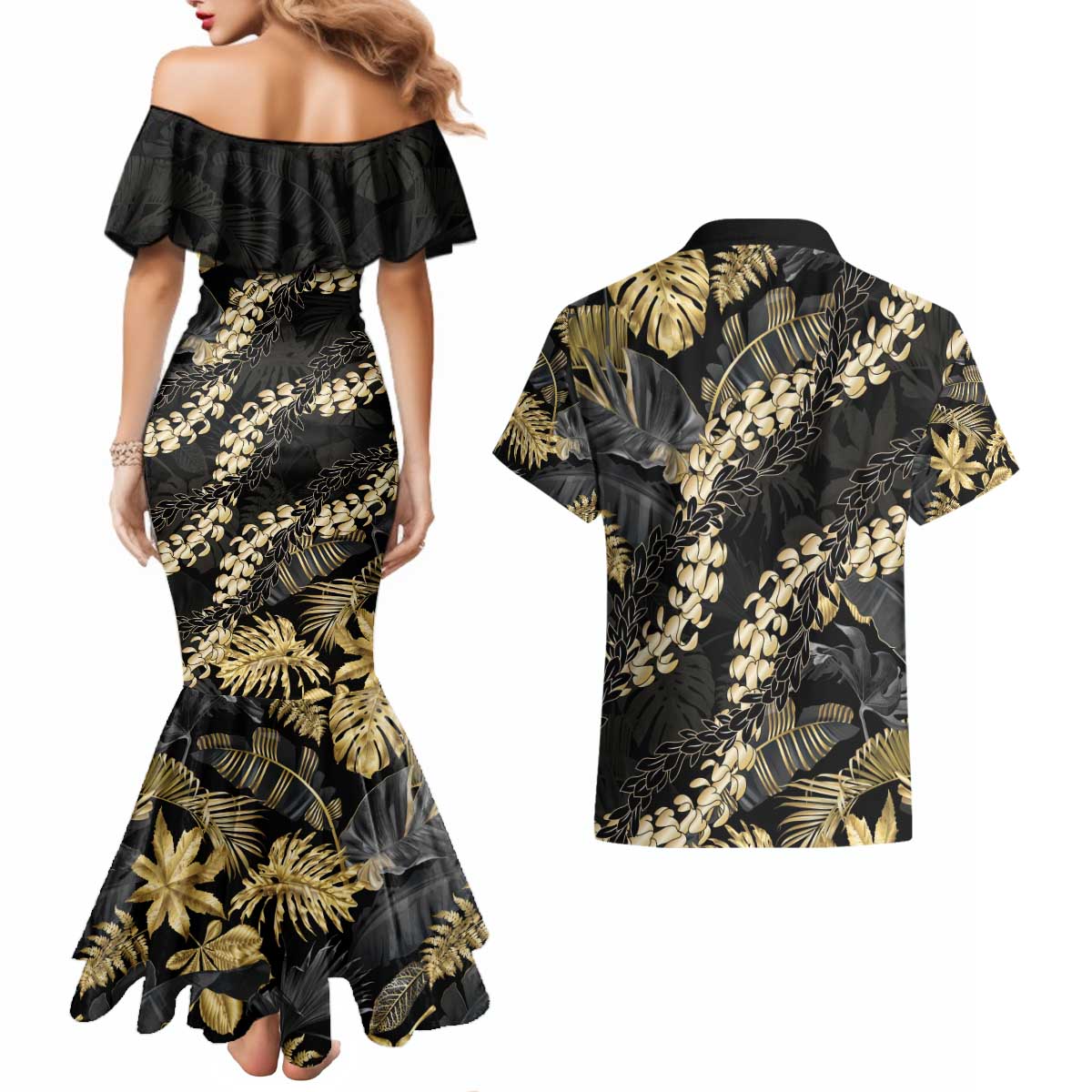 Gold Tropical Leaves Hawaii Mikioi Lei Couples Matching Mermaid Dress and Hawaiian Shirt Luxury Stylized LT01 - Polynesian Pride
