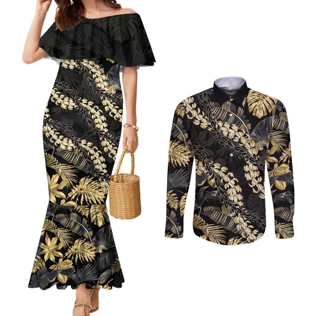Gold Tropical Leaves Hawaii Mikioi Lei Couples Matching Mermaid Dress and Long Sleeve Button Shirt Luxury Stylized LT01 Gold - Polynesian Pride