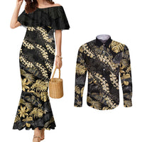Gold Tropical Leaves Hawaii Mikioi Lei Couples Matching Mermaid Dress and Long Sleeve Button Shirt Luxury Stylized LT01 Gold - Polynesian Pride