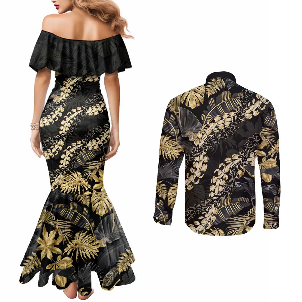 Gold Tropical Leaves Hawaii Mikioi Lei Couples Matching Mermaid Dress and Long Sleeve Button Shirt Luxury Stylized LT01 - Polynesian Pride