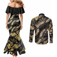 Gold Tropical Leaves Hawaii Mikioi Lei Couples Matching Mermaid Dress and Long Sleeve Button Shirt Luxury Stylized LT01 - Polynesian Pride