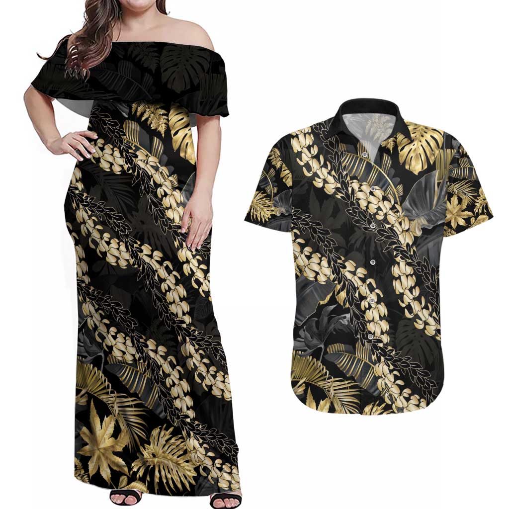 Gold Tropical Leaves Hawaii Mikioi Lei Couples Matching Off Shoulder Maxi Dress and Hawaiian Shirt Luxury Stylized LT01 Gold - Polynesian Pride