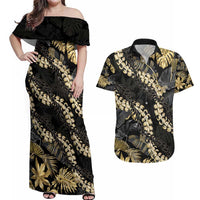 Gold Tropical Leaves Hawaii Mikioi Lei Couples Matching Off Shoulder Maxi Dress and Hawaiian Shirt Luxury Stylized LT01 Gold - Polynesian Pride