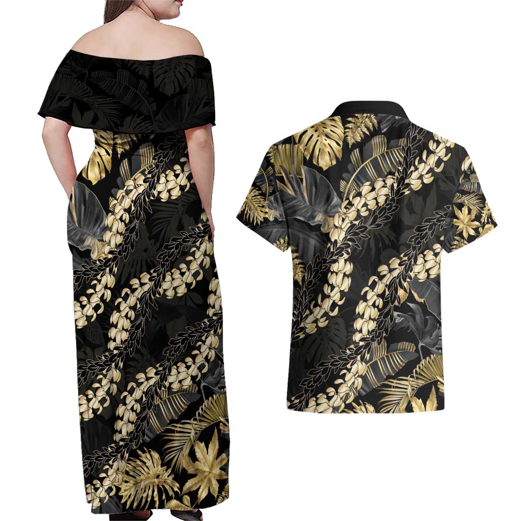 Gold Tropical Leaves Hawaii Mikioi Lei Couples Matching Off Shoulder Maxi Dress and Hawaiian Shirt Luxury Stylized LT01 - Polynesian Pride